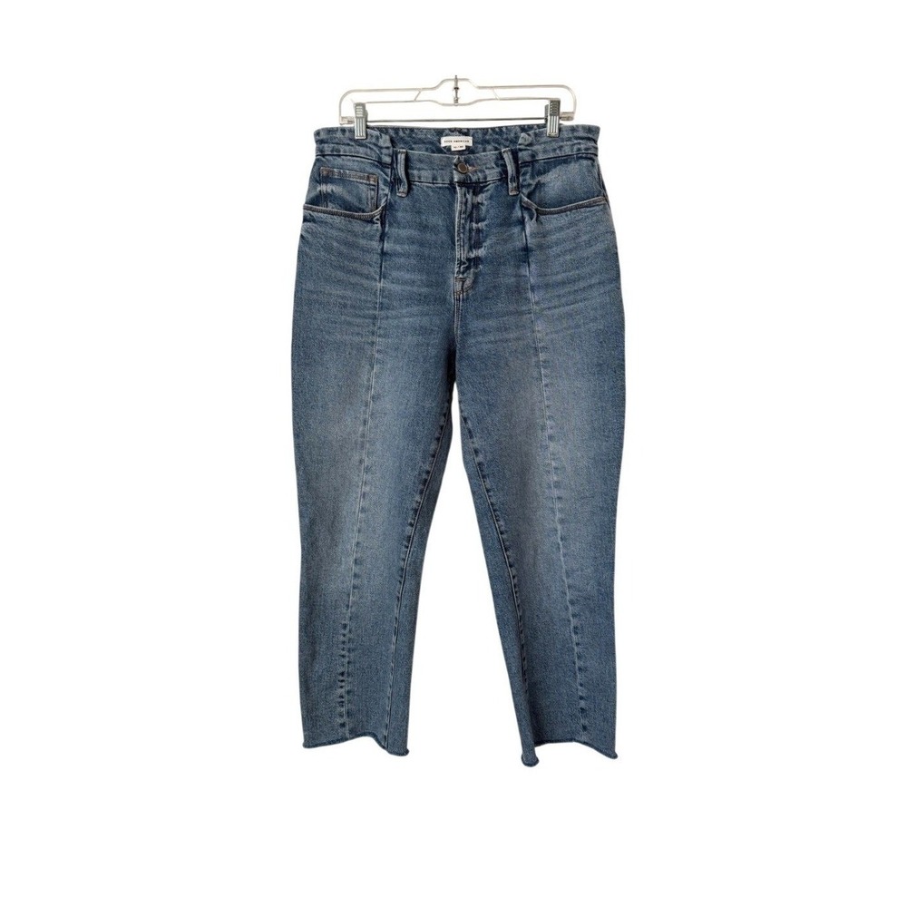 Good American Good Boy Cropped Jeans High Rise Cut Out Waist Whiskered Indigo 10
